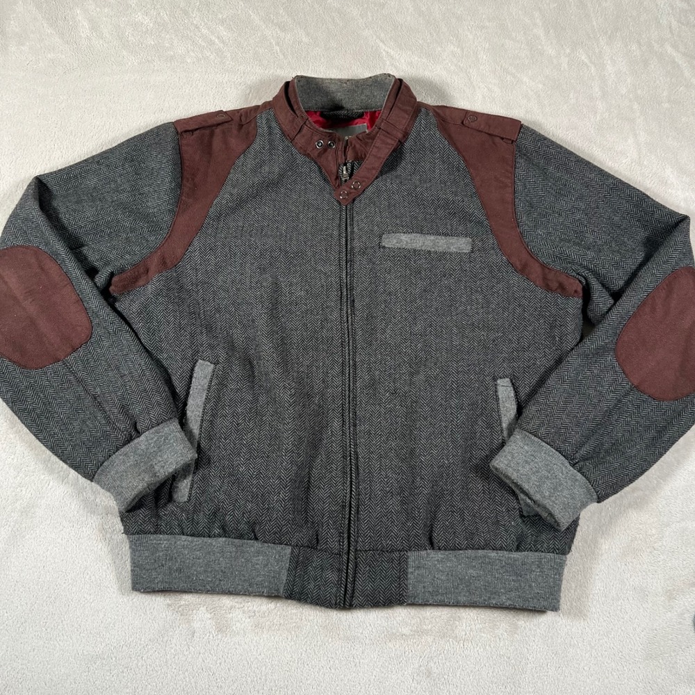 Slate & Stone Bomber Jacket Mens Large Gray Herringbone Elbow Patches Wool Blend